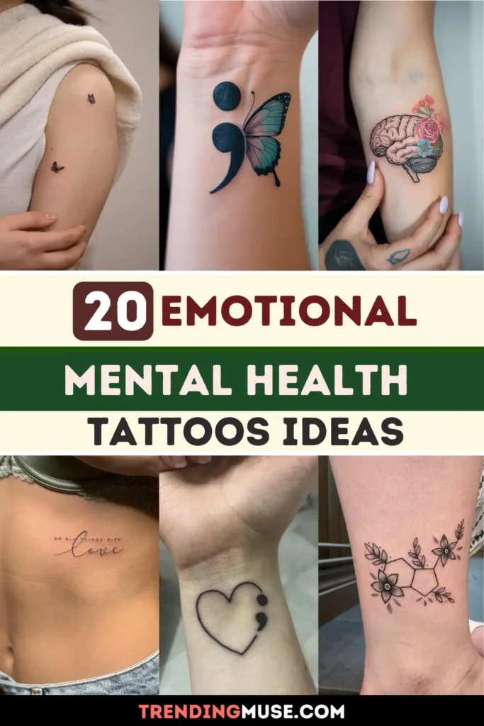 image titled “20 Artistic Tattoo Ideas for Women” showcases six expressive tattoo designs. Top row: a bold dragon tattoo on the thigh, a coiled dragon on the hip, and an abstract red jellyfish floral back tattoo. Bottom row: fine-line floral arm tattoo with butterflies, a cherub and sparrow forearm design, and two flying birds near the collarbone. Text is styled in earthy tones with brown and green bands. The overall vibe is artistic, powerful, and elegant.