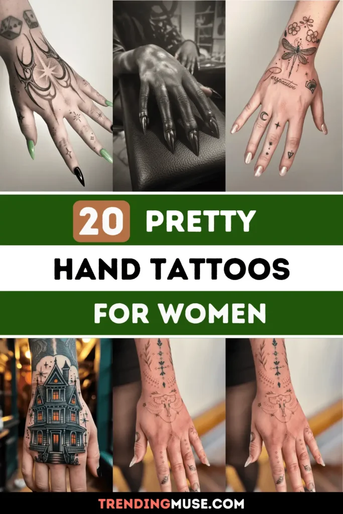 collage image titled “20 Pretty Hand Tattoos for Women.” Displays a variety of hand tattoo styles including delicate florals, celestial icons, a spooky house design, symmetrical dot work, and black ink shading. Hands feature different skin tones, nail styles, and tattoo placements. Bold white and green header with text, plus branding at the bottom for TrendingMuse.com. Visually showcases artistic and stylish tattoo choices for female hands.