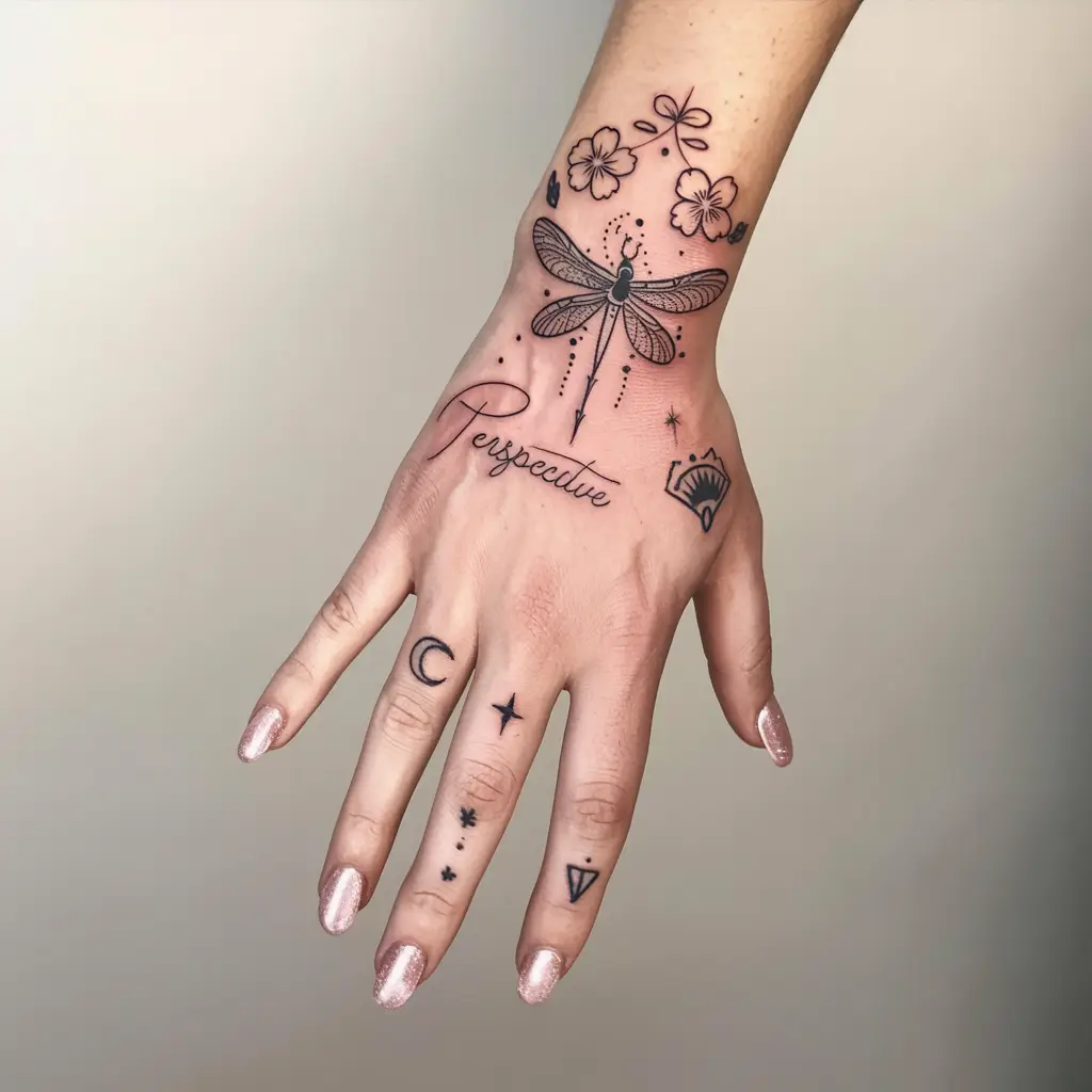 Whimsical fine line hand and finger tattoo featuring a dragonfly, florals, the word “Perspective,” and celestial finger symbols in black ink.

