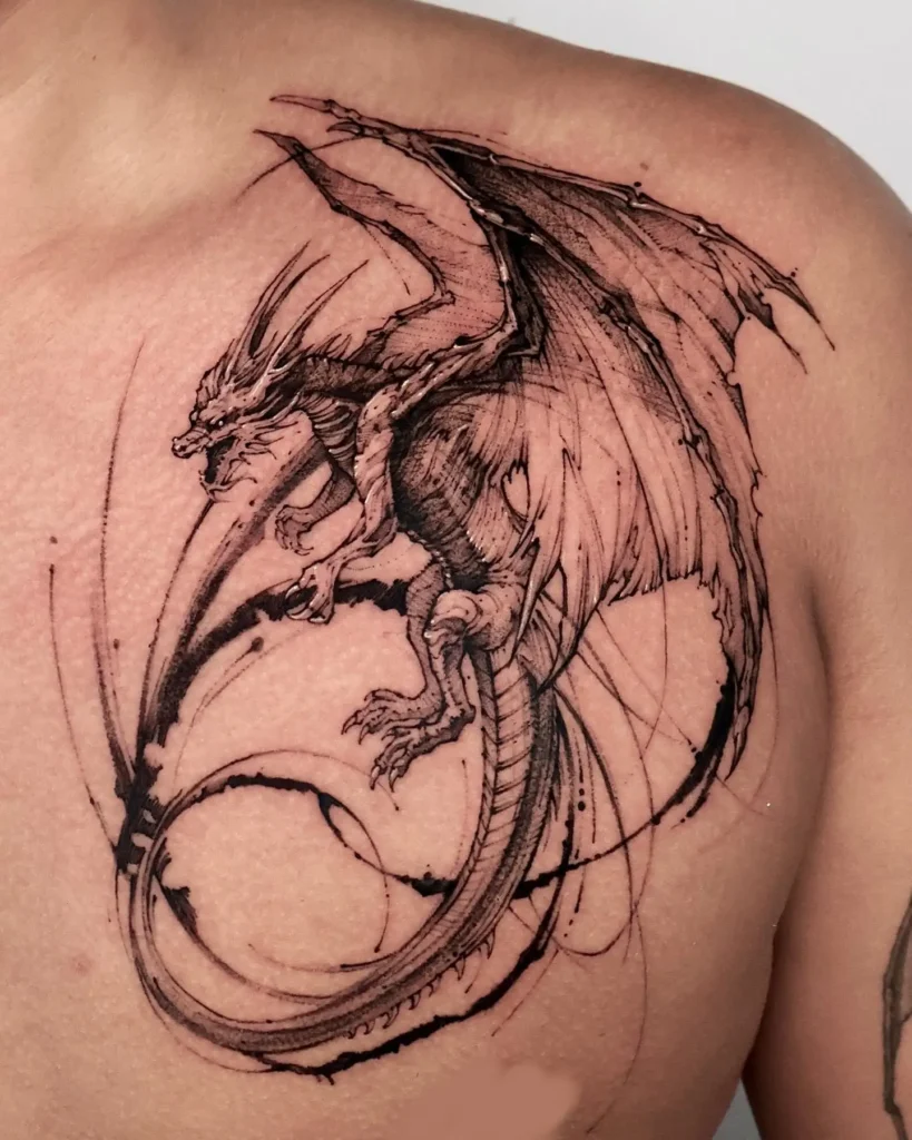 Aggressive dragon tattoo spread across chest with dynamic ink strokes, ideal for bold animal tattoo ideas sleeve or fantasy-themed body art.

