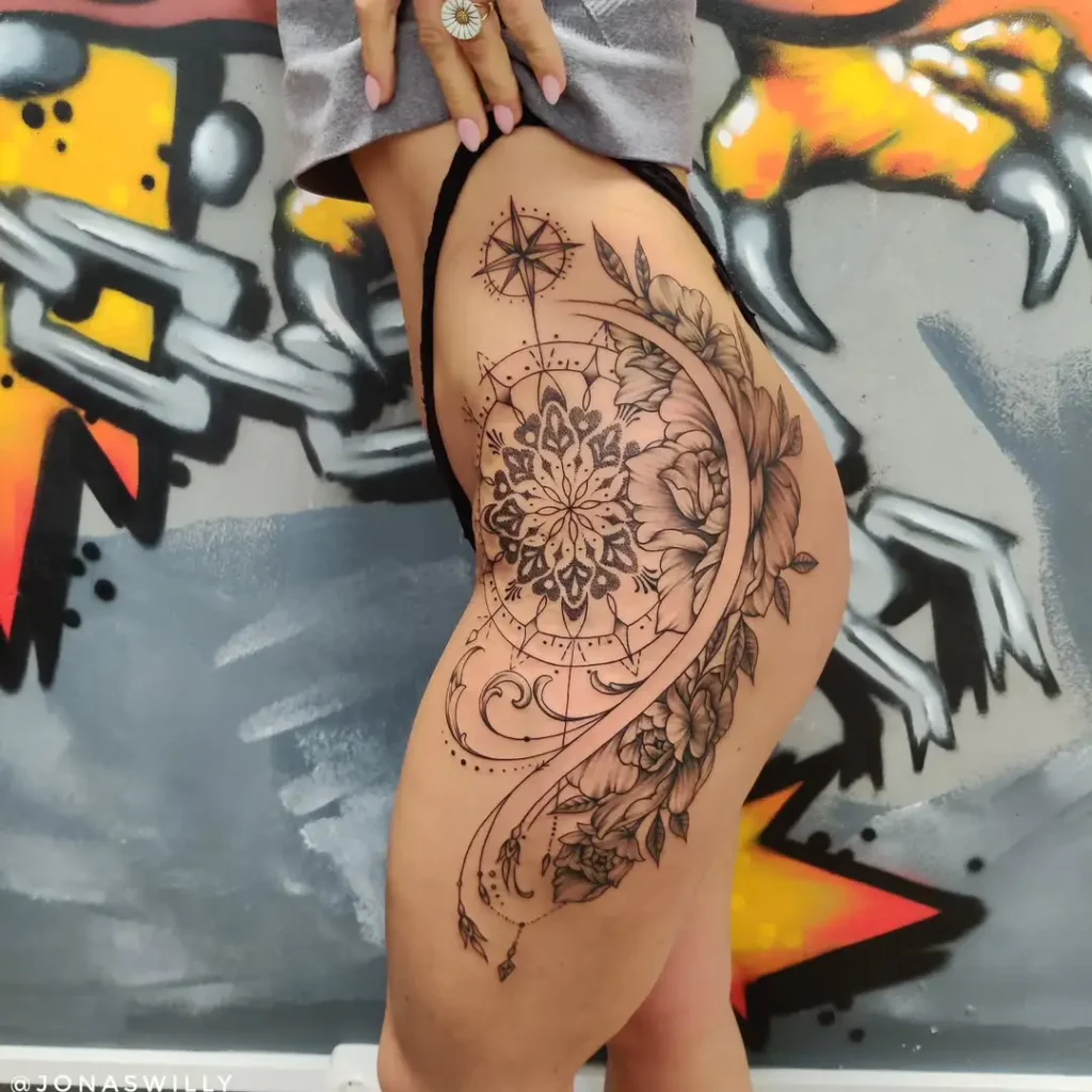 hip tattoo merges peonies, mandala geometry