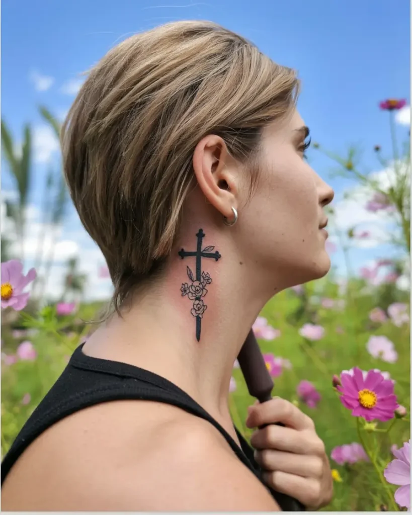 A bold black cross tattoo with floral accents placed behind a woman’s ear, extending down her neck. The design features detailed linework of blooming flowers, captured outdoors in a field of pink blossoms.









