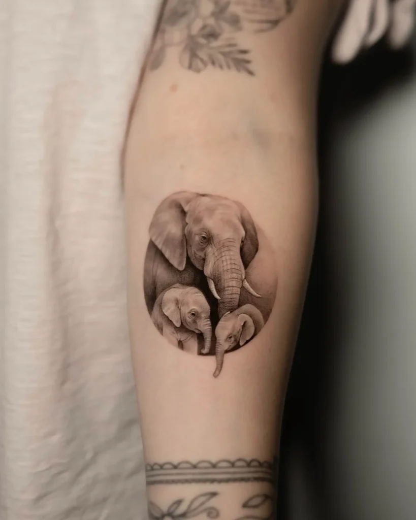 Realistic circular elephant tattoo showing a mother elephant and two calves in soft black and grey tones. Placed on the inner arm, this piece symbolizes family, care, and strength. A meaningful design among animal tattoo ideas arm lovers, combining emotional depth with visual softness. Great for those who want animal tattoo ideas simple yet touching.








