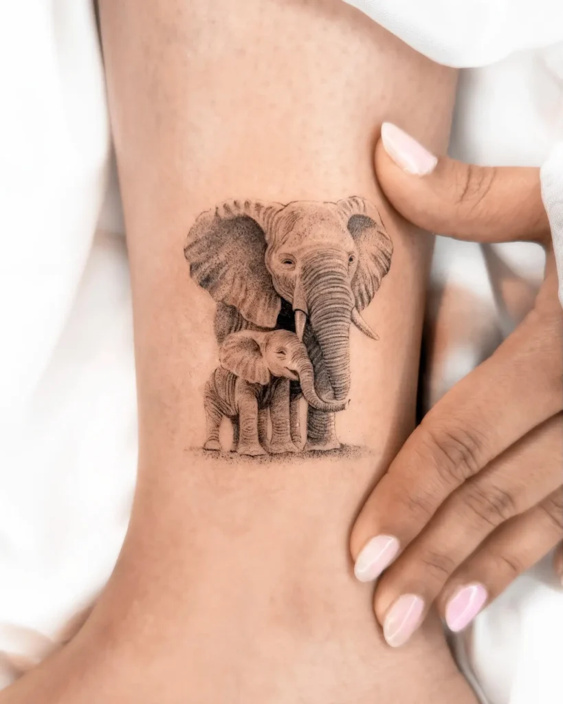 Realistic tattoo of a mother elephant standing beside her baby, inked in fine black and grey style. Placed on the lower leg or ankle, it shows family love and strength. A meaningful choice among animal tattoo ideas simple and emotional, often chosen for its calm yet powerful symbolism.









