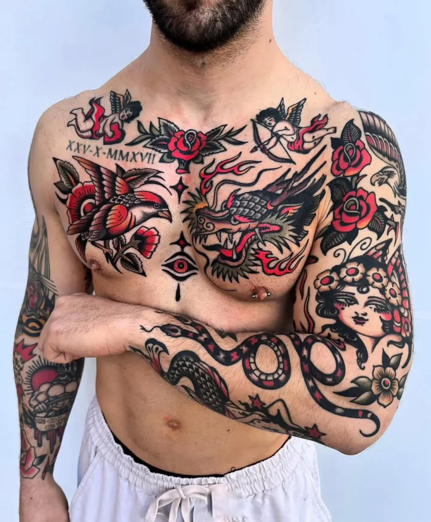 Neo-traditional chest tattoo for men featuring a bold eagle with extended wings, shaded details, and aggressive expression; symbolizes power, freedom, and heritage across the upper torso in a symmetrical design.
