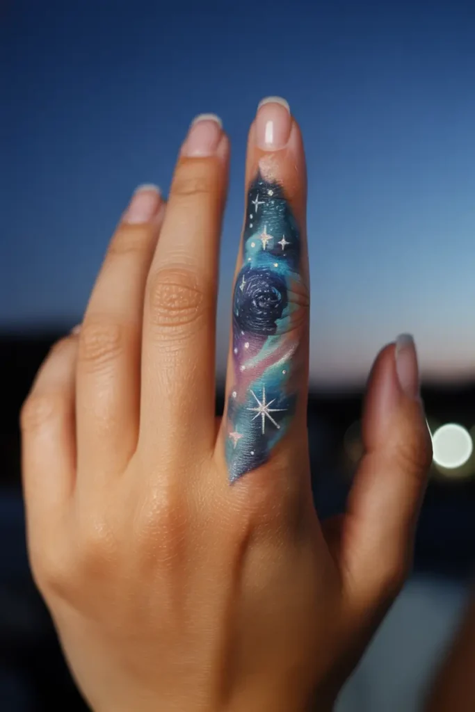 Close-up of a woman's hand featuring a stunning galaxy-themed finger tattoo on the index finger. The vibrant design includes swirling cosmic elements, stars, and nebula-like colors in shades of blue, purple, and teal. Set against a soft evening sky, the tattoo radiates a dreamy, celestial vibe. This cosmic finger tattoo is perfect for women who love astronomy, space art, or deeply symbolic body ink.









Close-up of a woman's hand featuring a stunning galaxy-themed finger tattoo on the index finger. The vibrant design includes swirling cosmic elements, stars, and nebula-like colors in shades of blue, purple, and teal. Set against a soft evening sky, the tattoo radiates a dreamy, celestial vibe. This cosmic finger tattoo is perfect for women who love astronomy, space art, or deeply symbolic body ink.









