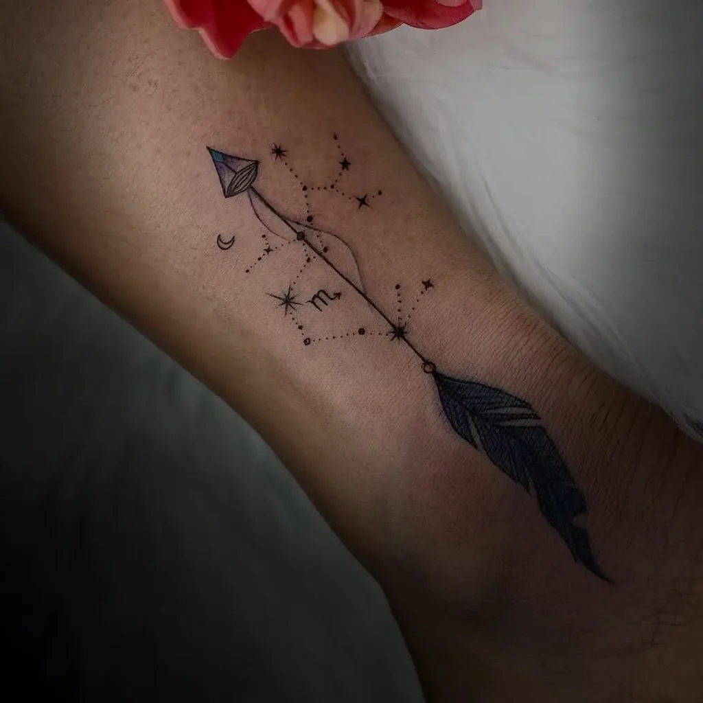 Fine line tattoo of a Scorpio constellation combined with an arrow, crescent moon, and detailed feather, inked in purple tones on ankle.









