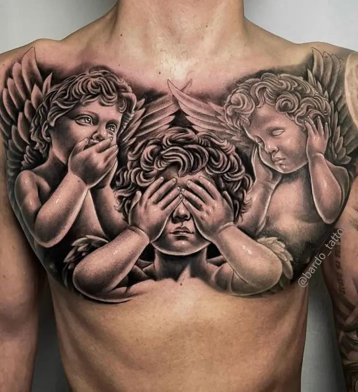 Realistic chest tattoo for men featuring three cherub angels with shaded wings and expressive gestures; one covers eyes, another ears, and the third mouth—representing silence, awareness, and emotion in a powerful symbolic layout.
