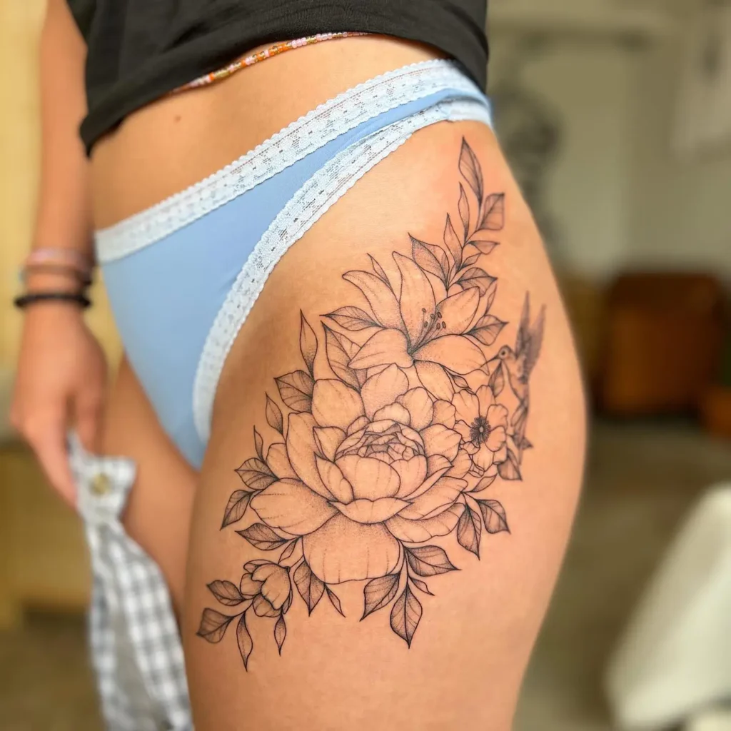 Floral Bloom and Flutter Hip Tattoo