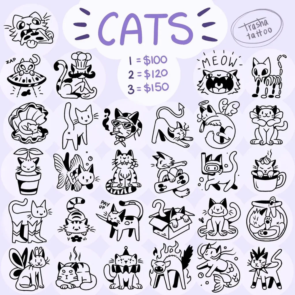 Tattoo flash sheet with 30 black-and-white cartoon cat designs, including themes like gaming, mermaid, angel, skeleton, and food-inspired cats. Playful and expressive—great for animal tattoo ideas simple, fun, and budget-friendly. Includes pricing tiers: 1 for $100, 2 for $120, 3 for $150. Fun collection for cat lovers who want bold, mini tattoos full of personality.








