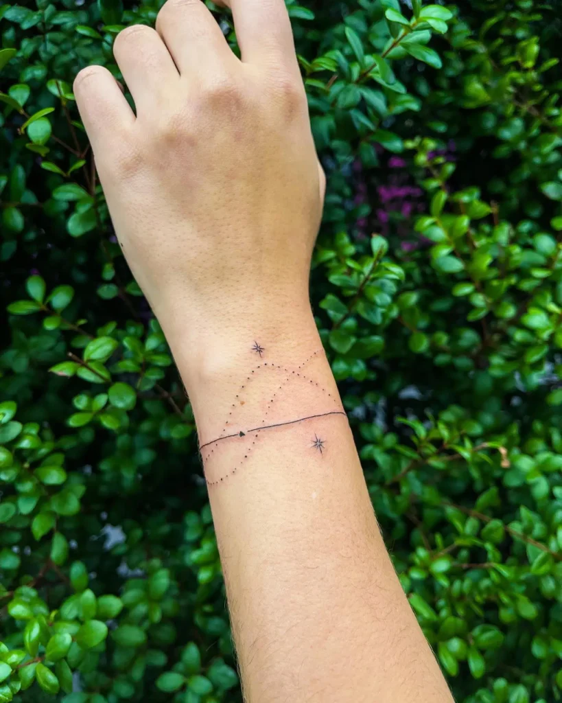 Minimalist orbit wrist tattoo with dotted line, stars, and small triangle design, fine line tattoo wrapping around wrist.









