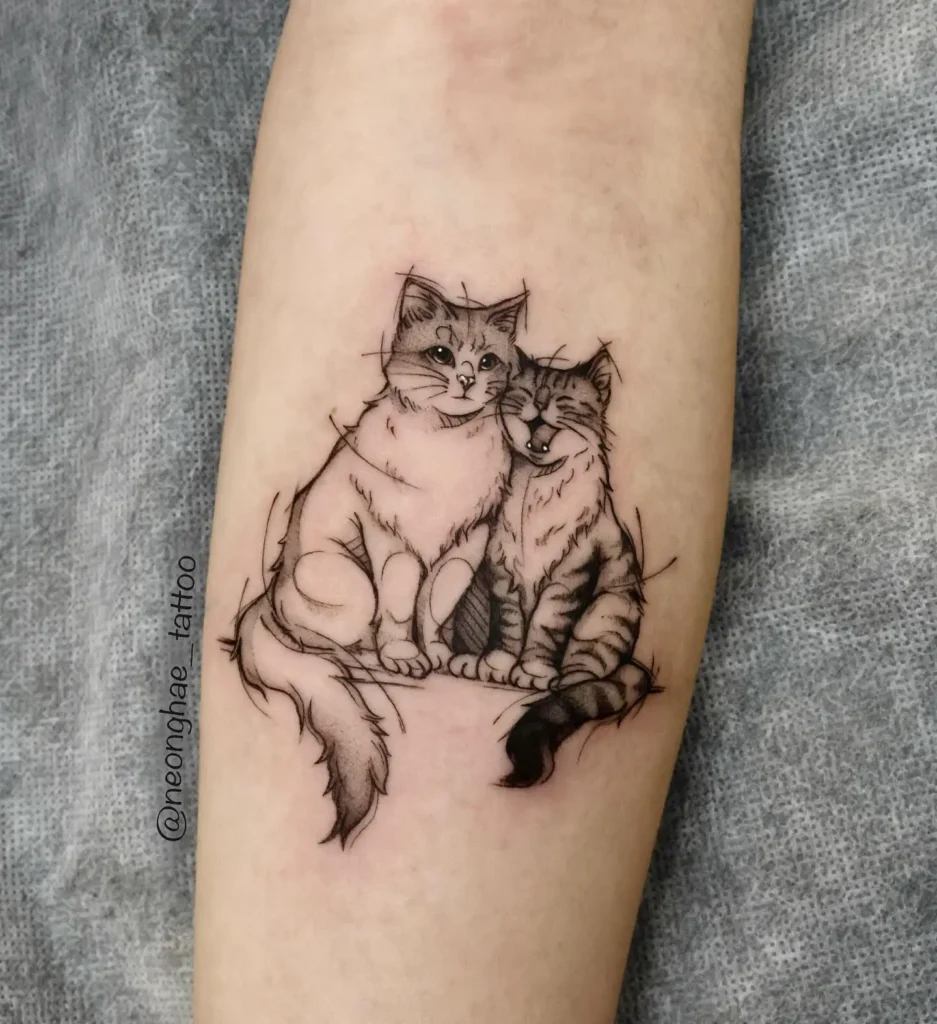 Tattoo of two fluffy cats sitting close together, one with a calm face and the other joyfully smiling. Fine-line sketch style with soft shading and expressive features. Symbolizes love, companionship, and laughter. Ideal for animal tattoo ideas arm or leg, especially for those honoring a pet pair or bonded relationship.









