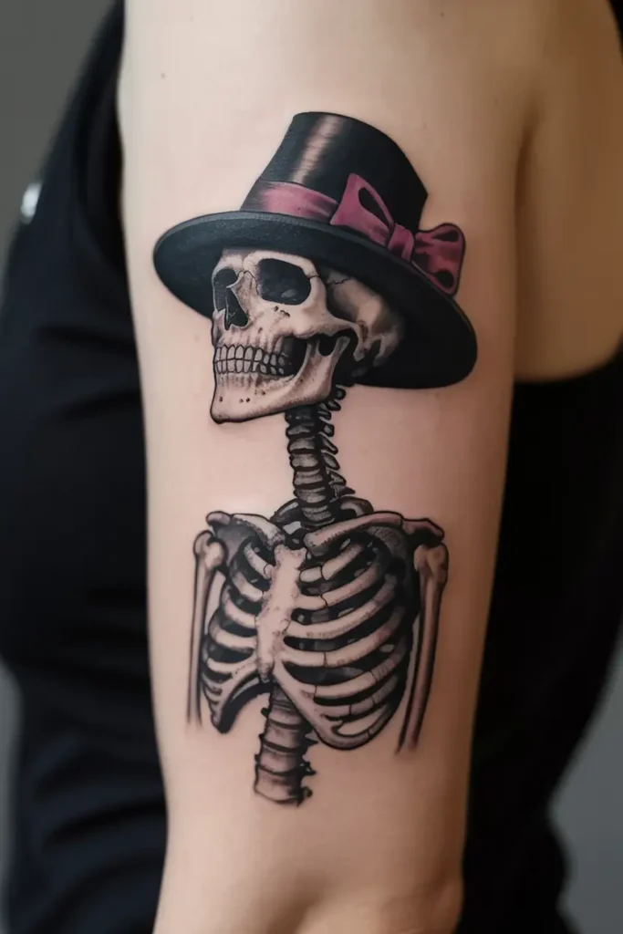 A charming skeleton wearing a top hat with a magenta ribbon brings playful energy to this Día de los Muertos-inspired piece. The shading highlights each bone with care, while the hat adds a bold touch of character. Rooted in tradition and full of personality, this design stands tall among standout Mexican tattoo ideas.