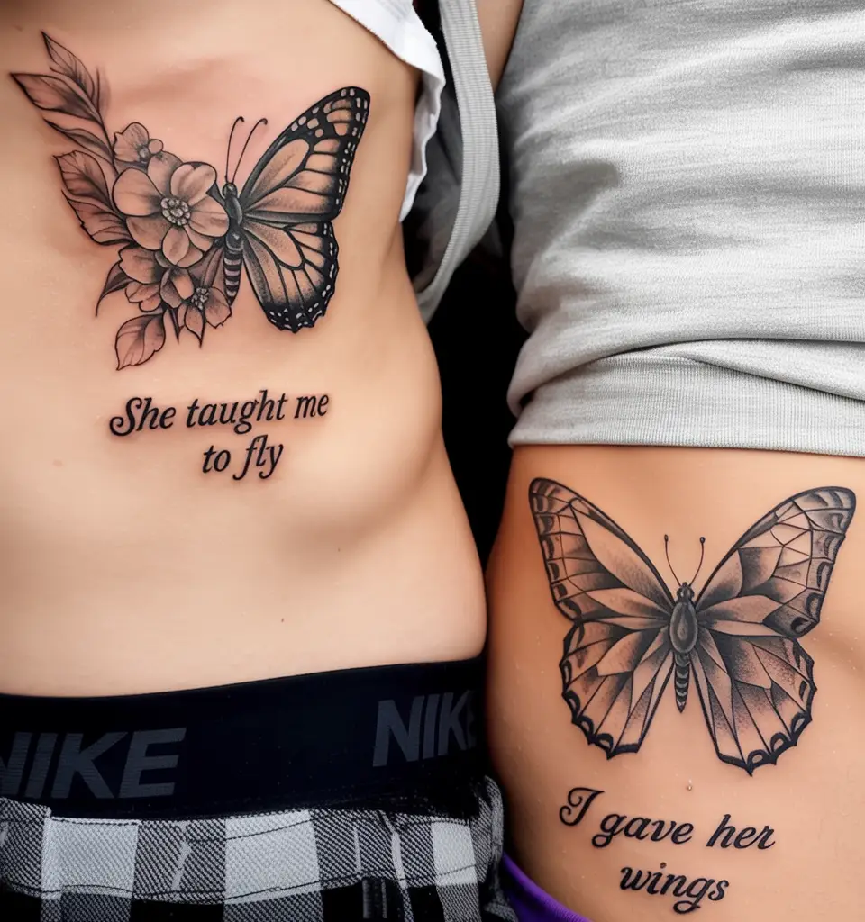 Matching side tattoos show a butterfly and flower cluster with the phrase “She taught me to fly” on one person, and a detailed butterfly with “I gave her wings” on the other. Black ink shading gives both tattoos depth and elegance. This set highlights mom and daughter tattoos butterfly style, celebrating guidance, love, and freedom.