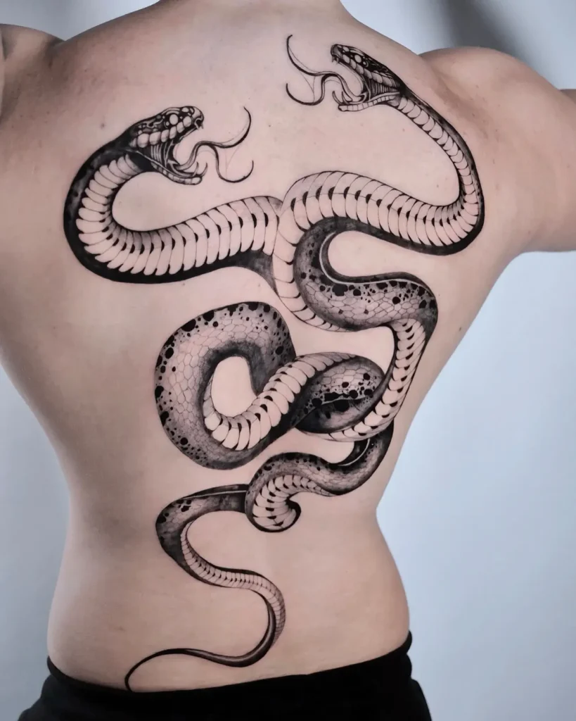 Large twin-headed cobra tattoo stretched across the back, featuring heavy black ink, detailed scaling, and deep shading. The snakes coil in an S-curve with open mouths and forked tongues. Bold and intense—ideal for animal tattoo ideas sleeve-style or full-back placements. Represents power, duality, and personal strength.








