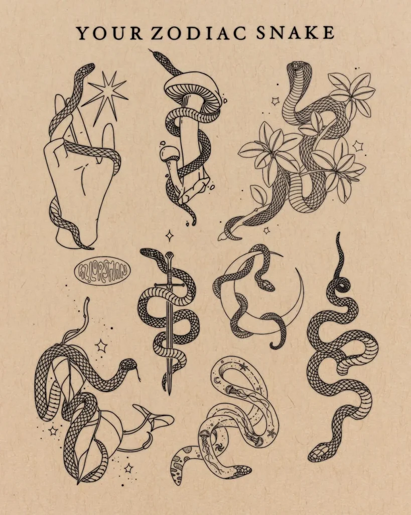 Tattoo flash sheet with 10 fine-line snake designs in black ink. Includes snakes with hands, stars, moons, swords, flowers, and abstract patterns. Labeled “Your Zodiac Snake.” Ideal for animal tattoo ideas simple and celestial. Great for arm, back, or thigh placements—minimalist yet deeply symbolic with mystical and zodiac-inspired themes.








