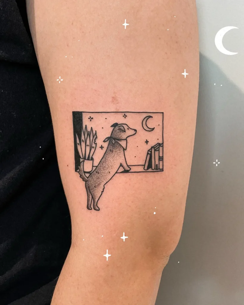 Black line tattoo of a dog looking out a window at the moon, framed by a potted plant and books. Square composition with fine dotwork shading. Peaceful and symbolic—ideal for animal tattoo ideas simple and narrative. Great arm tattoo for pet lovers seeking emotional or storytelling ink.








