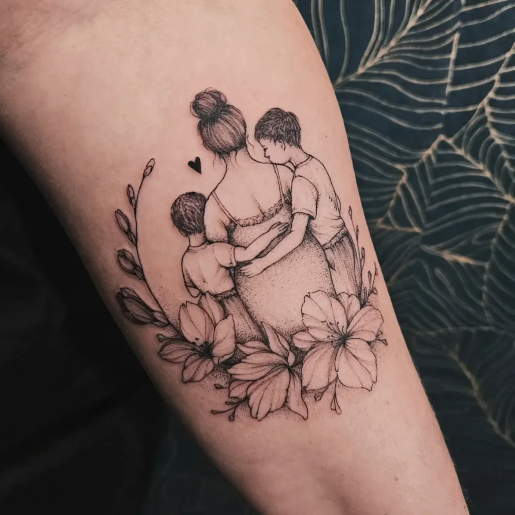 Detailed tattoo on the upper arm featuring a mother with her two sons hugging her from behind, surrounded by large flowers and leaves, with a small heart above. The design uses fine black ink and soft shading to highlight the loving bond within the family.