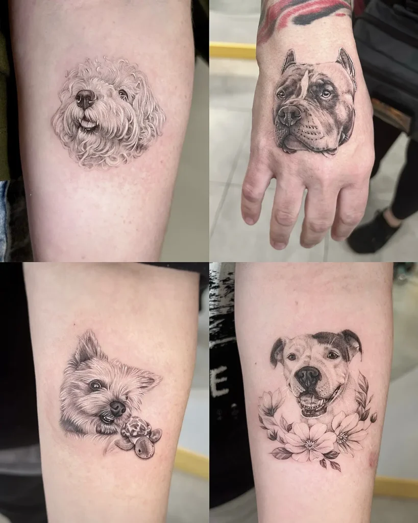 Collage of four realistic dog portrait tattoos: one fluffy white dog, a pit bull on a hand, a small terrier with a toy, and a smiling dog framed by floral blooms. Done in black and grey realism style. Emotional, detailed pet tribute tattoos. Ideal for animal tattoo ideas simple yet personalized, showcasing loyalty and love. Great for arm, hand, or leg placements.