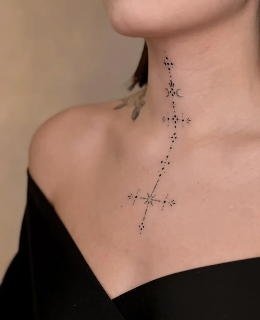 Vertical celestial neck tattoo for women featuring dotwork, crescent moons, and minimalist stars along the throat and chest.