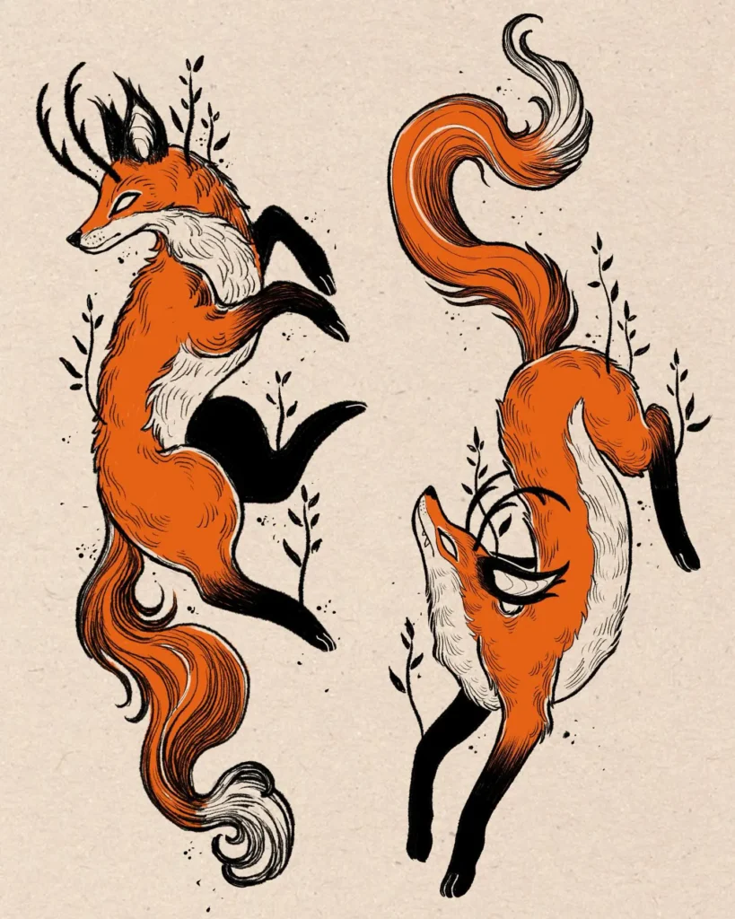 Tattoo flash sheet of two orange and black stylized foxes with antlers, flowing tails, and plant elements. Each fox appears in mid-leap with mystical expressions. Hand-drawn illustration style with bold lines and earthy energy. Ideal for animal tattoo ideas simple yet magical, perfect for nature lovers or forest spirit themes. Great for thigh, back, or arm tattoos.








