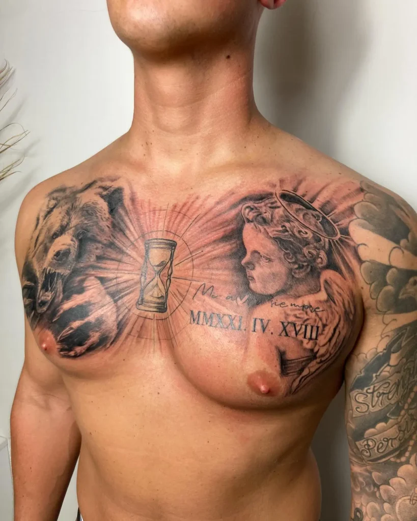 Chest tattoo for men featuring a fierce bear, angel figure, radiant hourglass, Roman numerals, and script; a black-and-grey design symbolizing time, strength, remembrance, and emotional contrast across the upper chest.