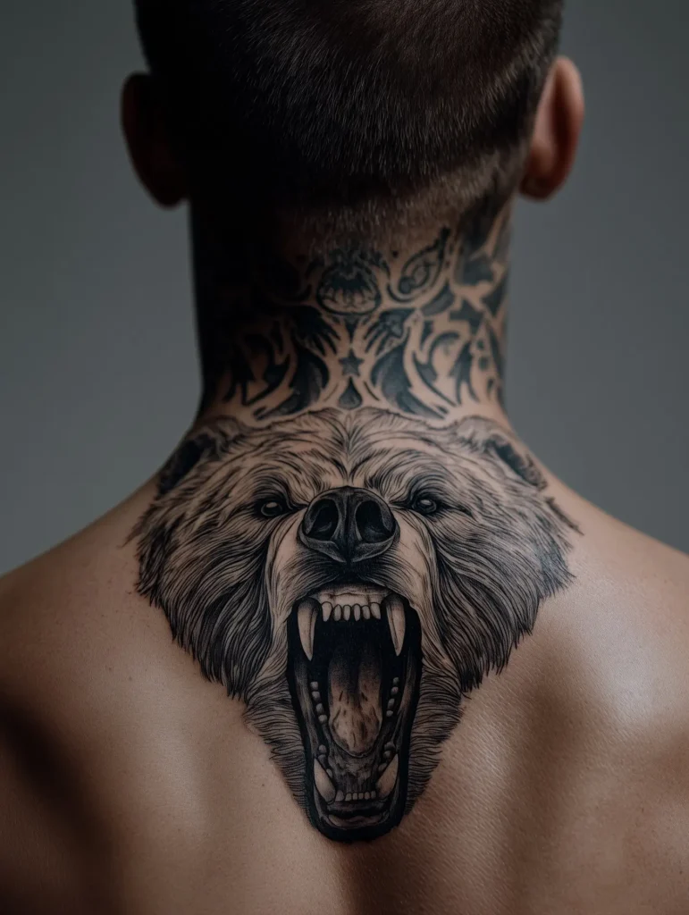 1. Roaring Bear Neck Tattoo