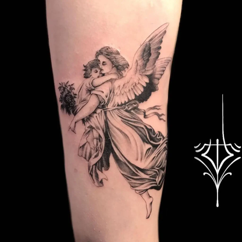 10. Comforting Embrace Guardian Angel Tattoo