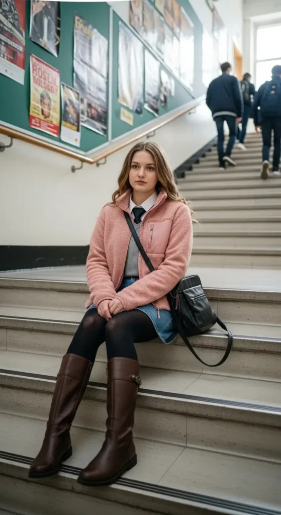 11. Fleece Jacket and Denim Skirt