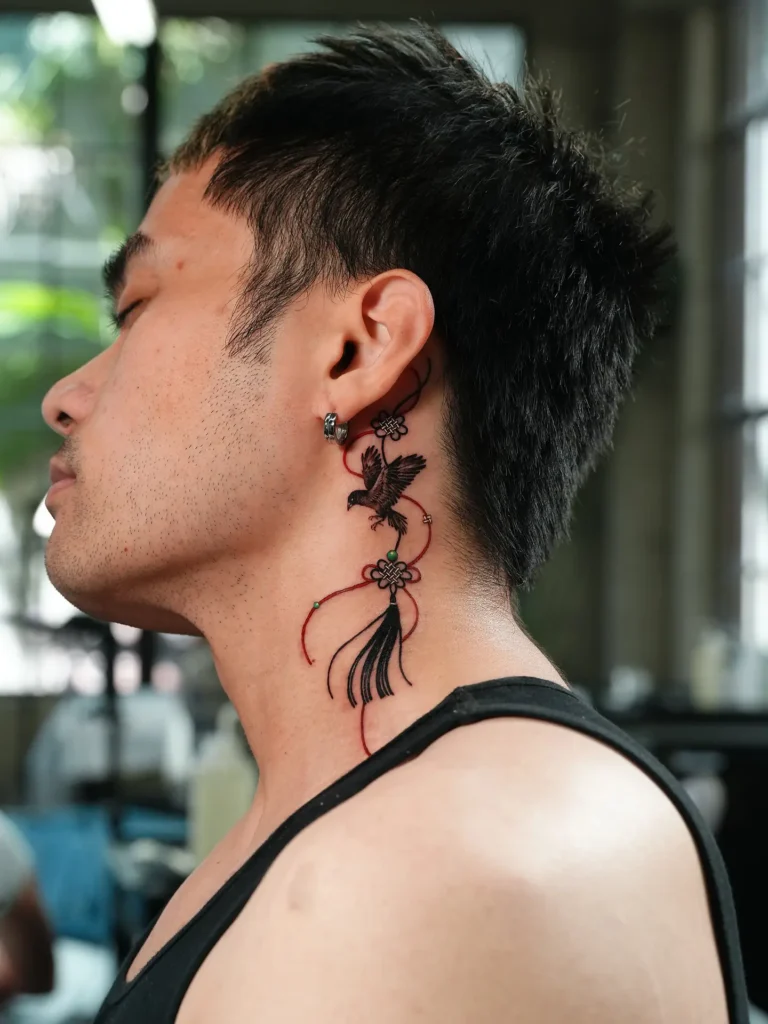 11. Korean Knot & Bird Neck Tattoo