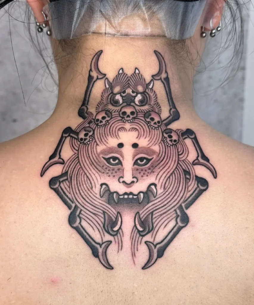 13. Demon Spider Goddess Neck Tattoo