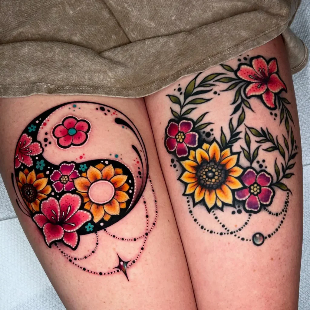 13. Floral Yin Yang Thigh Tattoos