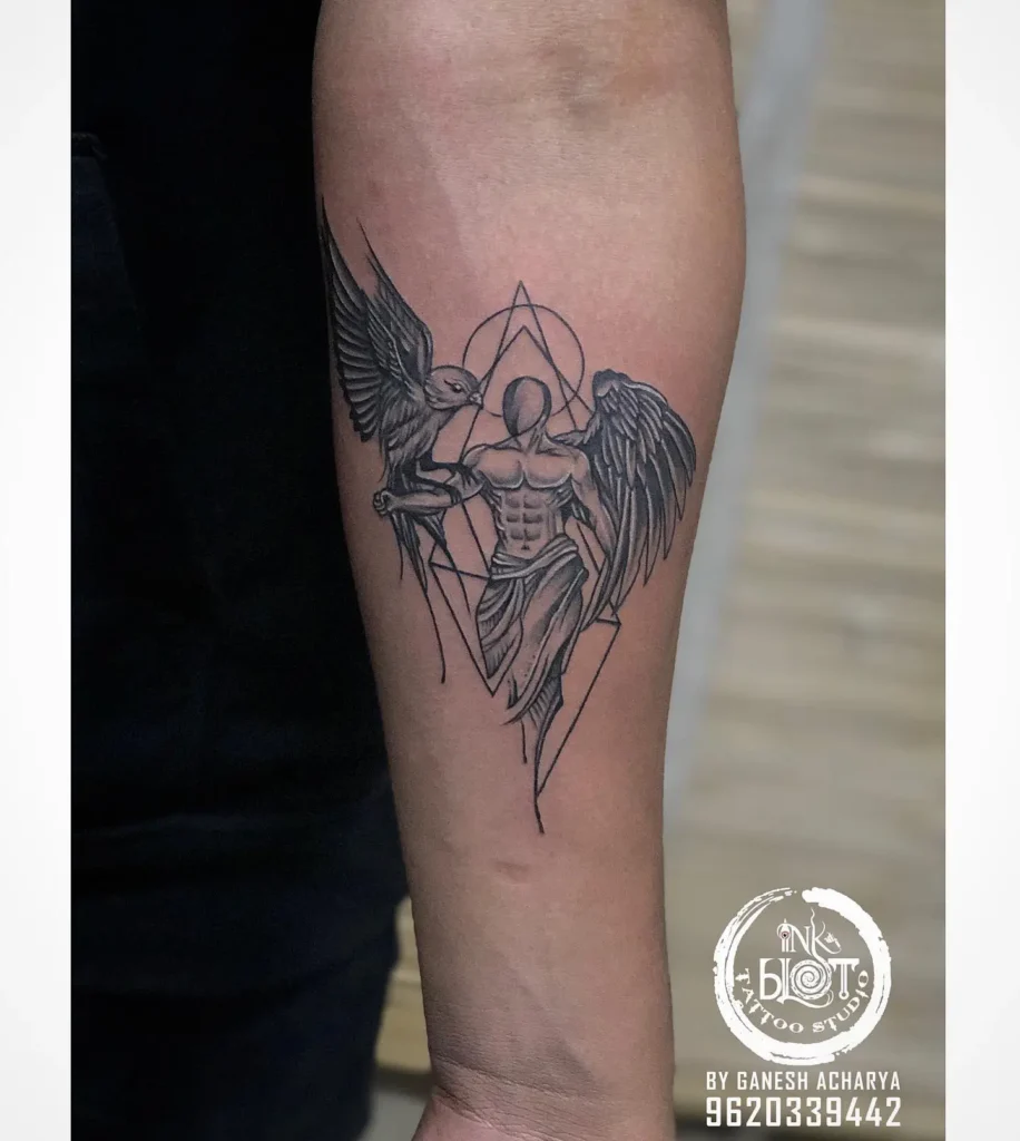 13. Geometric Guardian Angel with Dove Tattoo