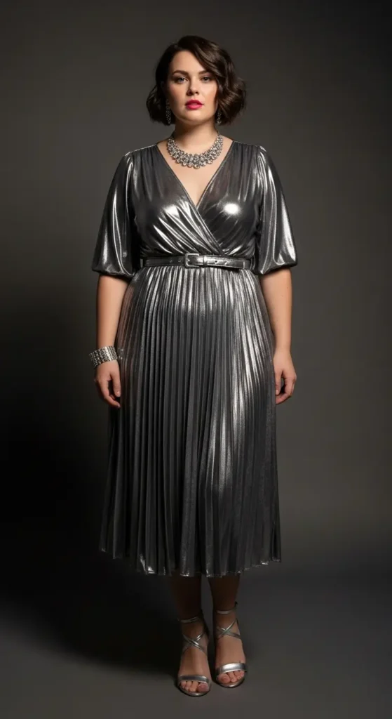 13. Metallic Silver Pleated Midi Dress