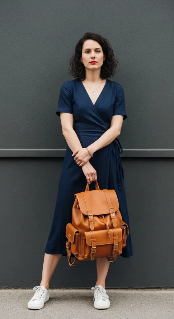 13. Navy Wrap Dress & Scholar Style