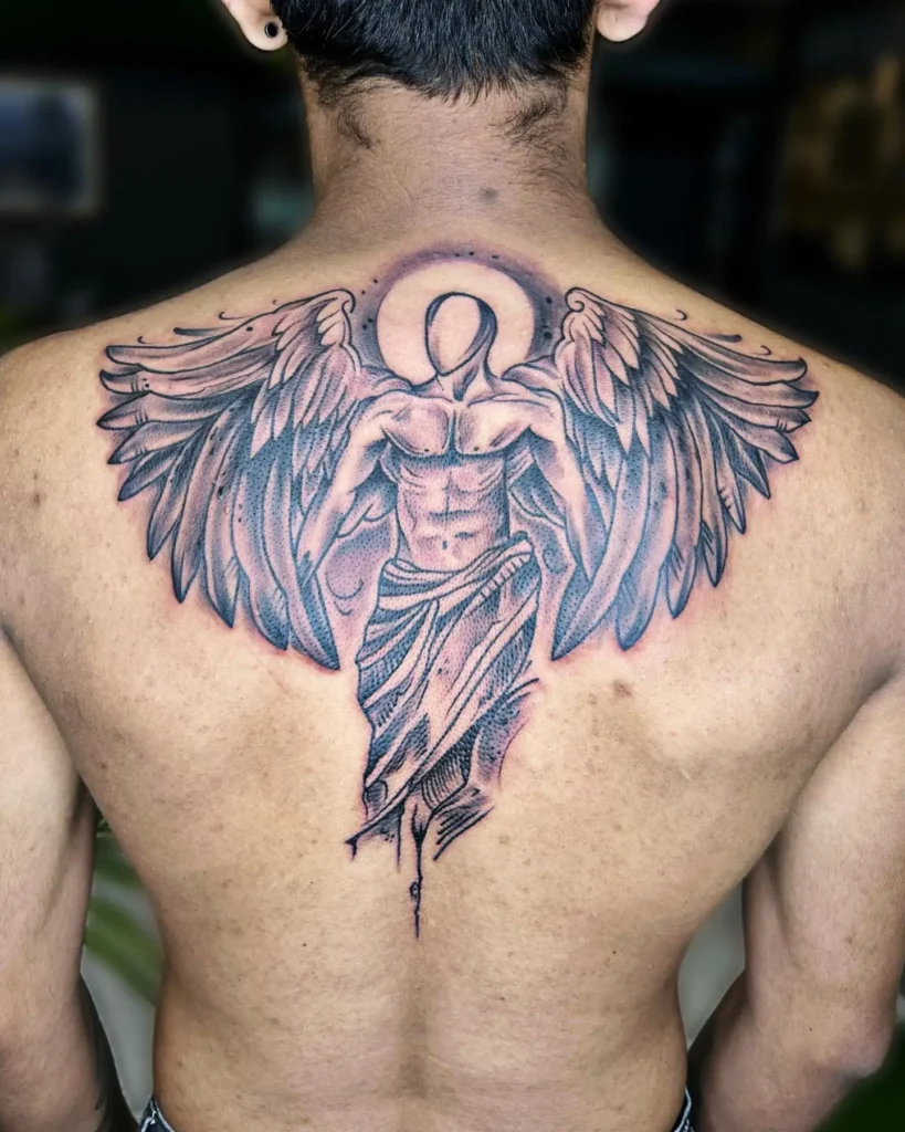 14. Faceless Guardian Angel Back Tattoo