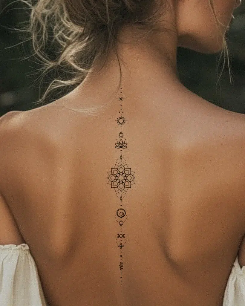 14. Vertical Spine Mandala Tattoo