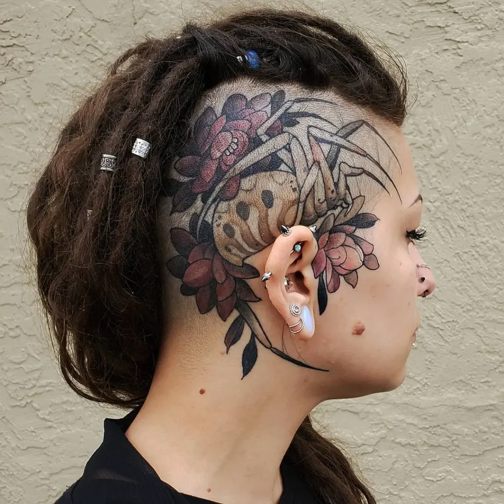 15. Floral Tarantula Side Head Tattoo