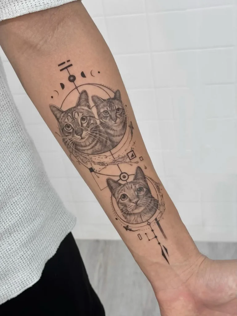 15. Geometric Cat Portrait Trio Tattoo