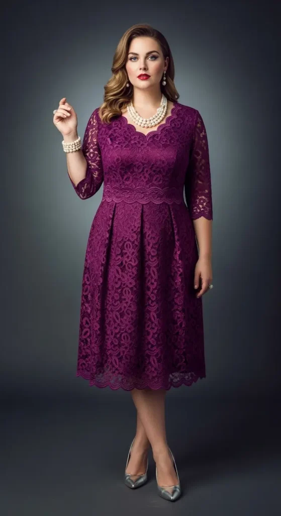 15. Plum Lace Midi Dress with Sleeves