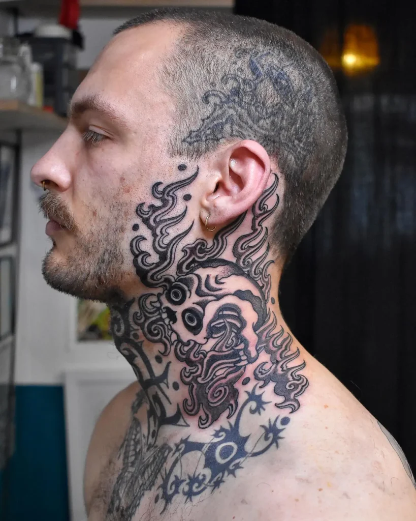 15. Psychedelic Smoke Face Neck Tattoo