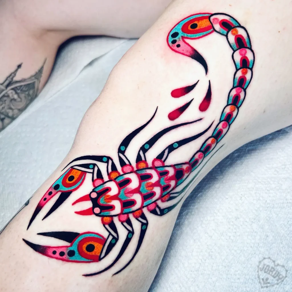16. Neo-Tribal Scorpion Knee Tattoo