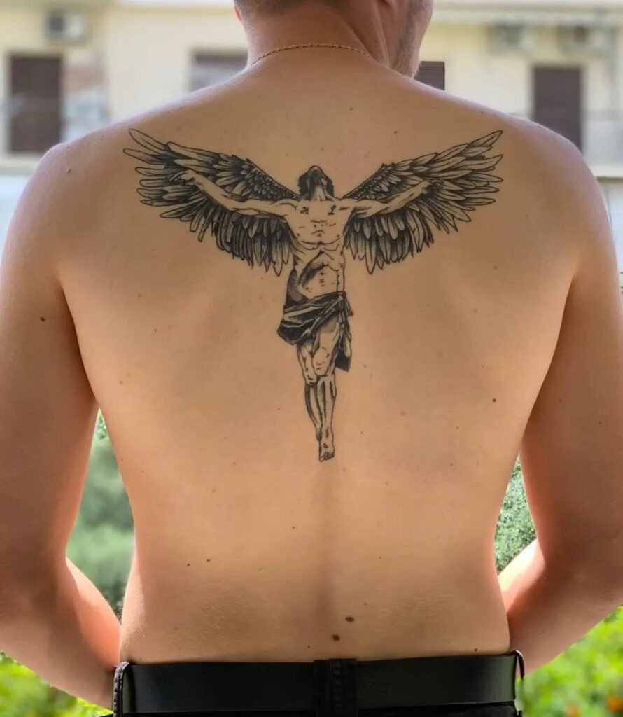 16. Soaring Guardian Angel Back Tattoo