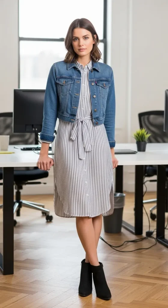 17. Striped Shirt Dress + Denim Jacket