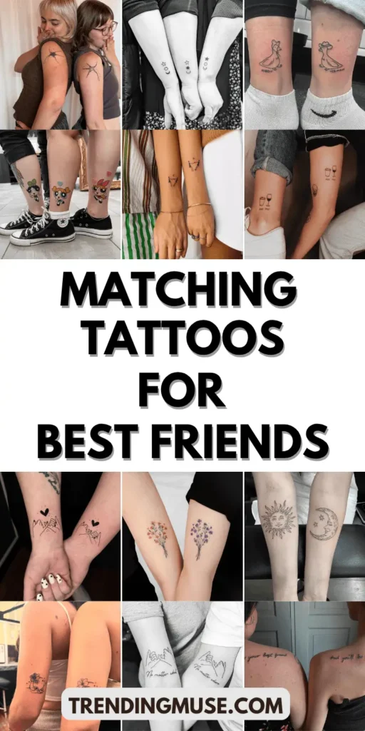 A vertical collage of 12 creative and sentimental matching tattoos for best friends, featuring small and symbolic designs. The top row includes constellations on shoulders, moon and stars on forearms, and playful character outlines. Middle row shows cartoon Powerpuff Girls on legs, minimalist line art on wrists, and drink-inspired tattoos. The bottom row highlights pinky promises, matching florals, sun and moon tattoos, script quotes, and meaningful minimalist line designs. These matching best friend tattoos are perfect for lasting memories.
