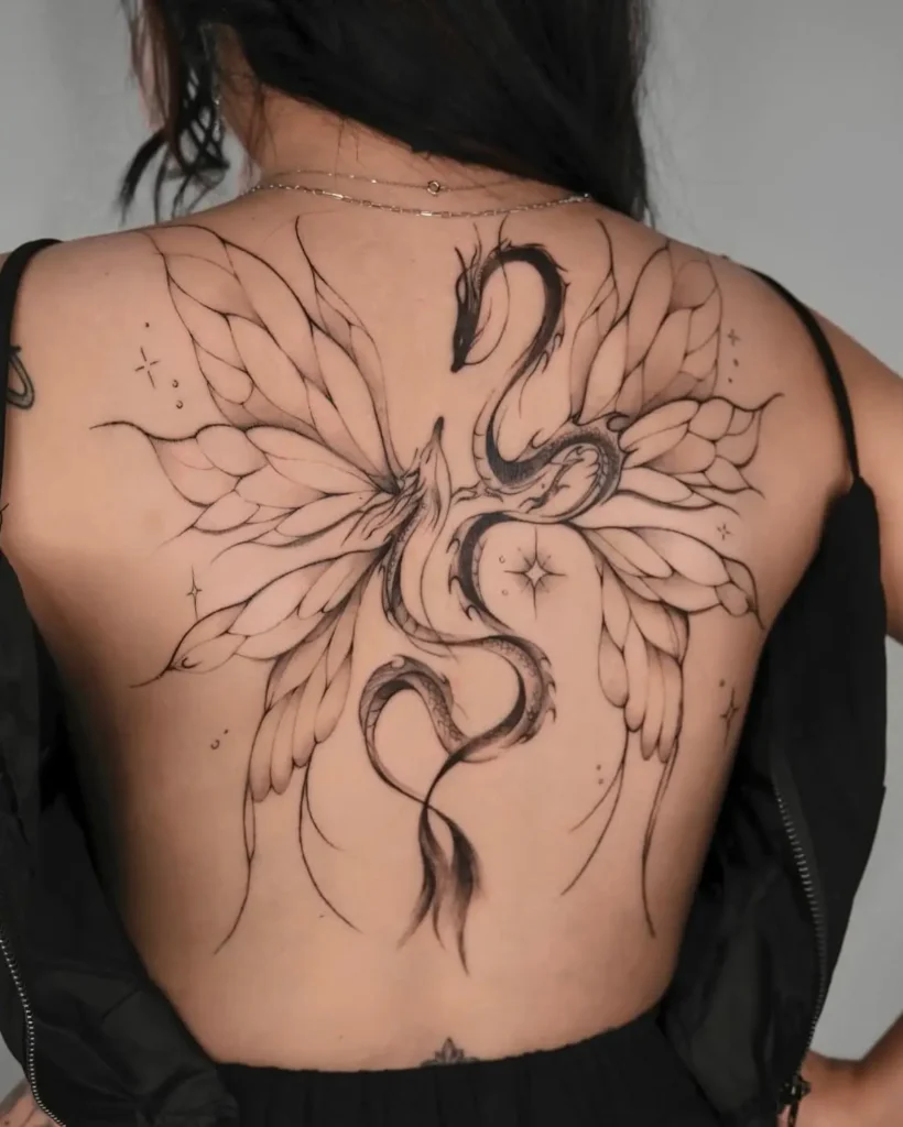 20. Winged Dragon Back Tattoo