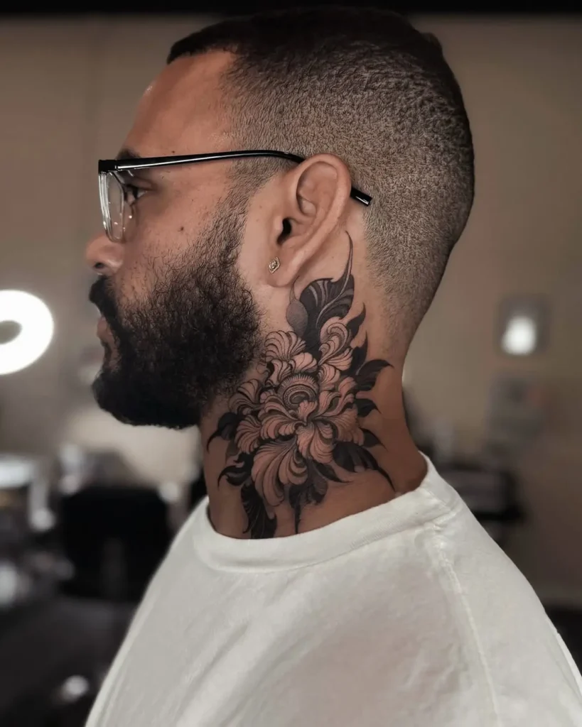 3. Black Floral Side Neck Tattoo