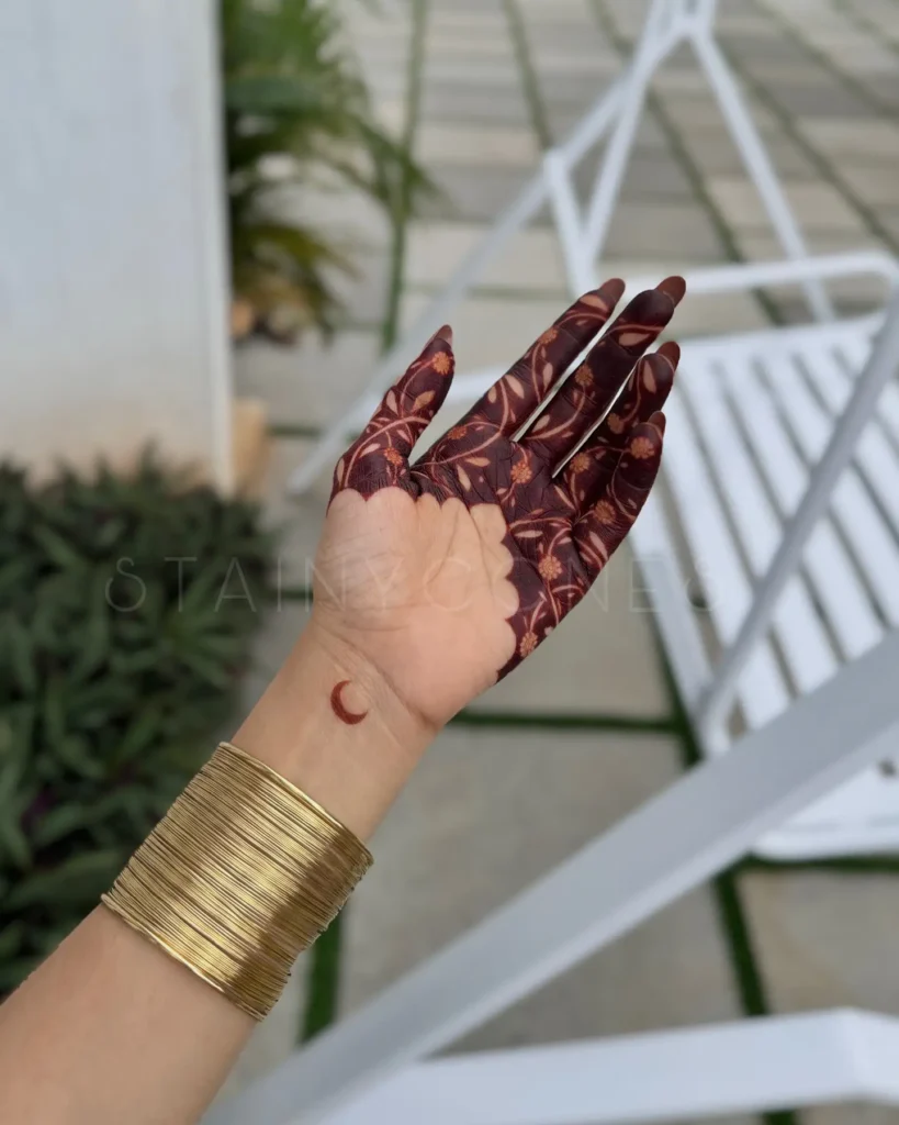 3. Full Palm Floral Fill Henna with Moon Accent