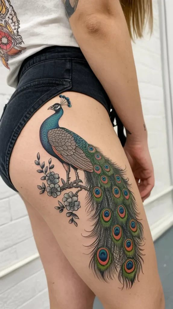 3. Regal Peacock Thigh Tattoo