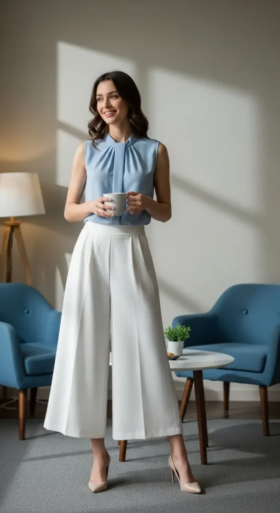 3. Wide-Leg Culottes & Sleeveless Blouse